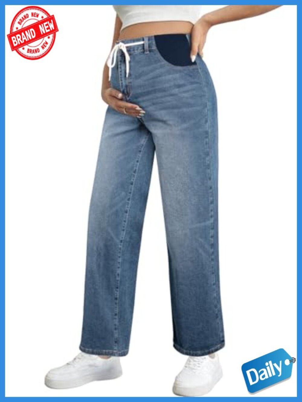 Maternity Jeans High Waisted Drawstring Straight Leg Stretchy Denim Pants